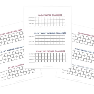 30-day challenge checkoff charts in gray, coral, and navy color scheme