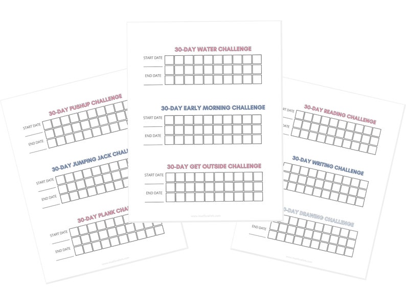 30-day challenge checkoff charts in gray, coral, and navy color scheme
