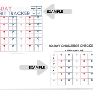 30-day habit tracker and 30-day challenge checkoff chart in gray, coral, and navy
