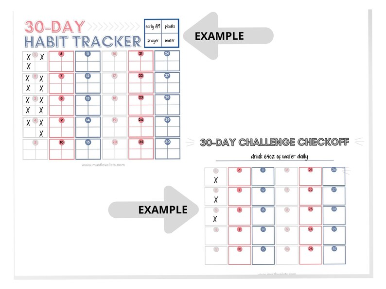 30-day habit tracker and 30-day challenge checkoff chart in gray, coral, and navy