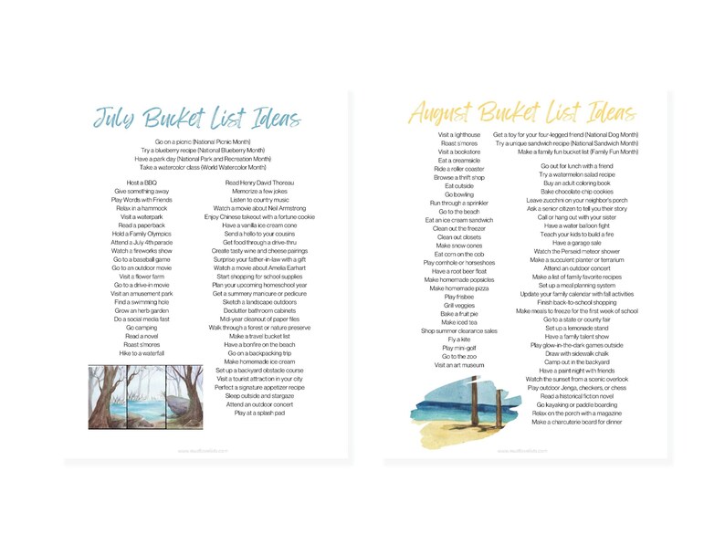 July bucket list ideas. August bucket list ideas.