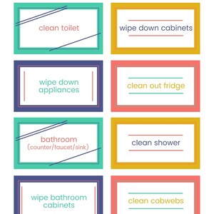 Printable chore cards: simple graphics in navy, coral, sunflower, and teal.