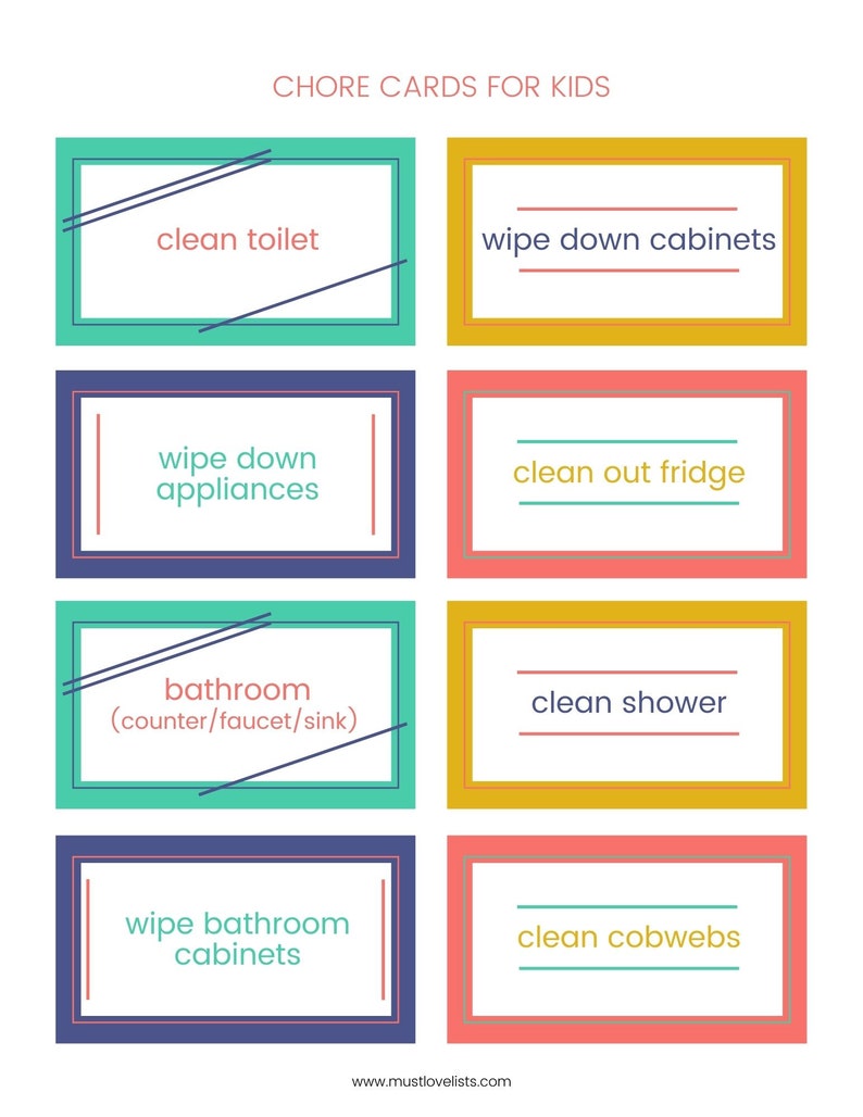 Printable chore cards: simple graphics in navy, coral, sunflower, and teal.