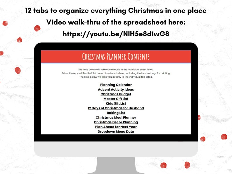 Google Sheets Christmas planner to organize gift lists, advent activities, menus, baking, reading list.