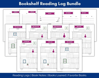 Reading Log Bundle, Book Lover Bundle, Book Notes, Bookshelf List (berry)