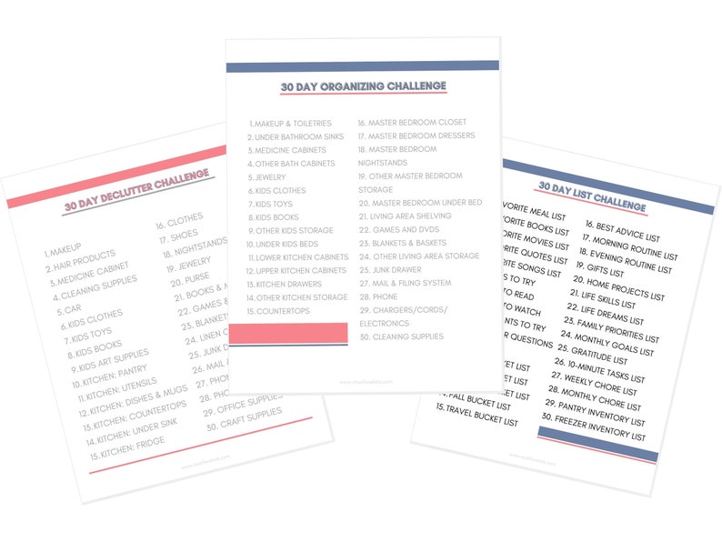 30-day declutter challenge, 30-day organizing challenge, and 30-day list challenge ideas.