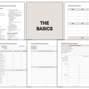 May include: A printable checklist and weekly routine planner with the title "The Basics" in black text. The checklist includes sections for essential information, such as driver's license, email address, phone number, legal documents, and medical information. The weekly routine planner has a grid for each day of the week.