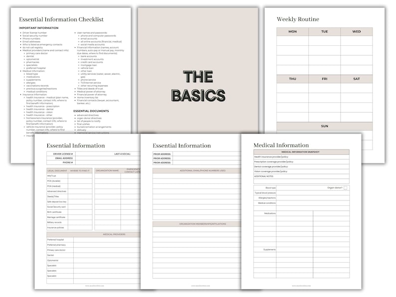 May include: A printable checklist and weekly routine planner with the title "The Basics" in black text. The checklist includes sections for essential information, such as driver's license, email address, phone number, legal documents, and medical information. The weekly routine planner has a grid for each day of the week.