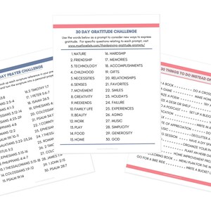 30-day prayer challenge scripture list. 30-day gratitude challenge prompts. List of 30 things to do instead of watch TV.