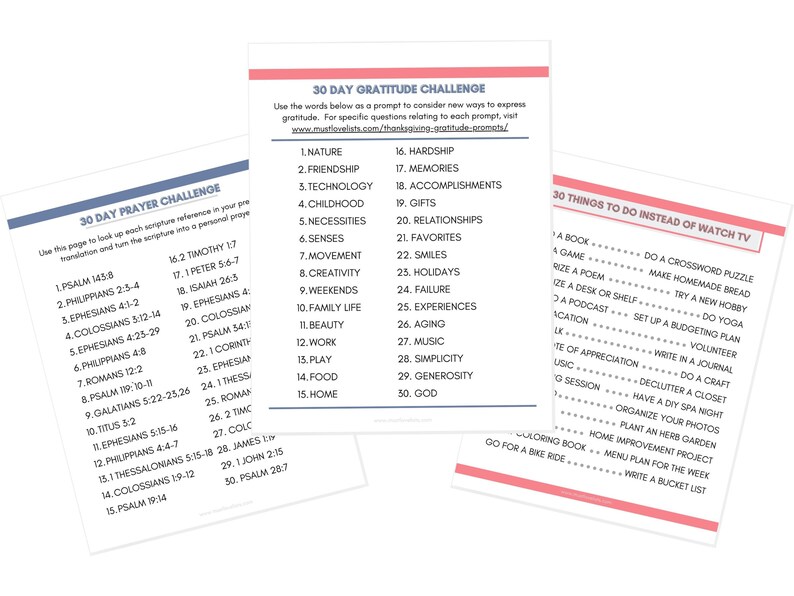 30-day prayer challenge scripture list. 30-day gratitude challenge prompts. List of 30 things to do instead of watch TV.