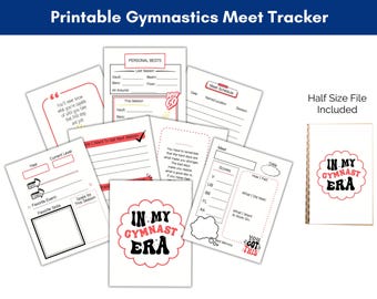 May include: Printable gymnastics meet tracker with a motivational quote, "You'll never know what you're capable of until you take that first step and just go!" and a checklist for personal bests, meet schedule, and meet scores. The tracker also includes a motivational quote, "You got this!" and an "In My Gymnast Era" logo.