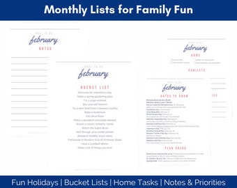 Monthly Planning Lists, Monthly Bucket Lists, Monthly Fun Holidays