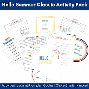 May include: A printable activity pack for summer with a colorful design featuring fireworks and the text "Hello Summer". The pack includes reminders, daily chores, summer goals, wish lists, and more.