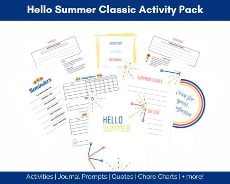 May include: A printable activity pack for summer with a colorful design featuring fireworks and the text "Hello Summer". The pack includes reminders, daily chores, summer goals, wish lists, and more.