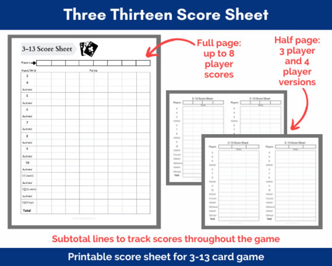 Printable Three Thirteen Score Sheets 3-13 Card Game Score 