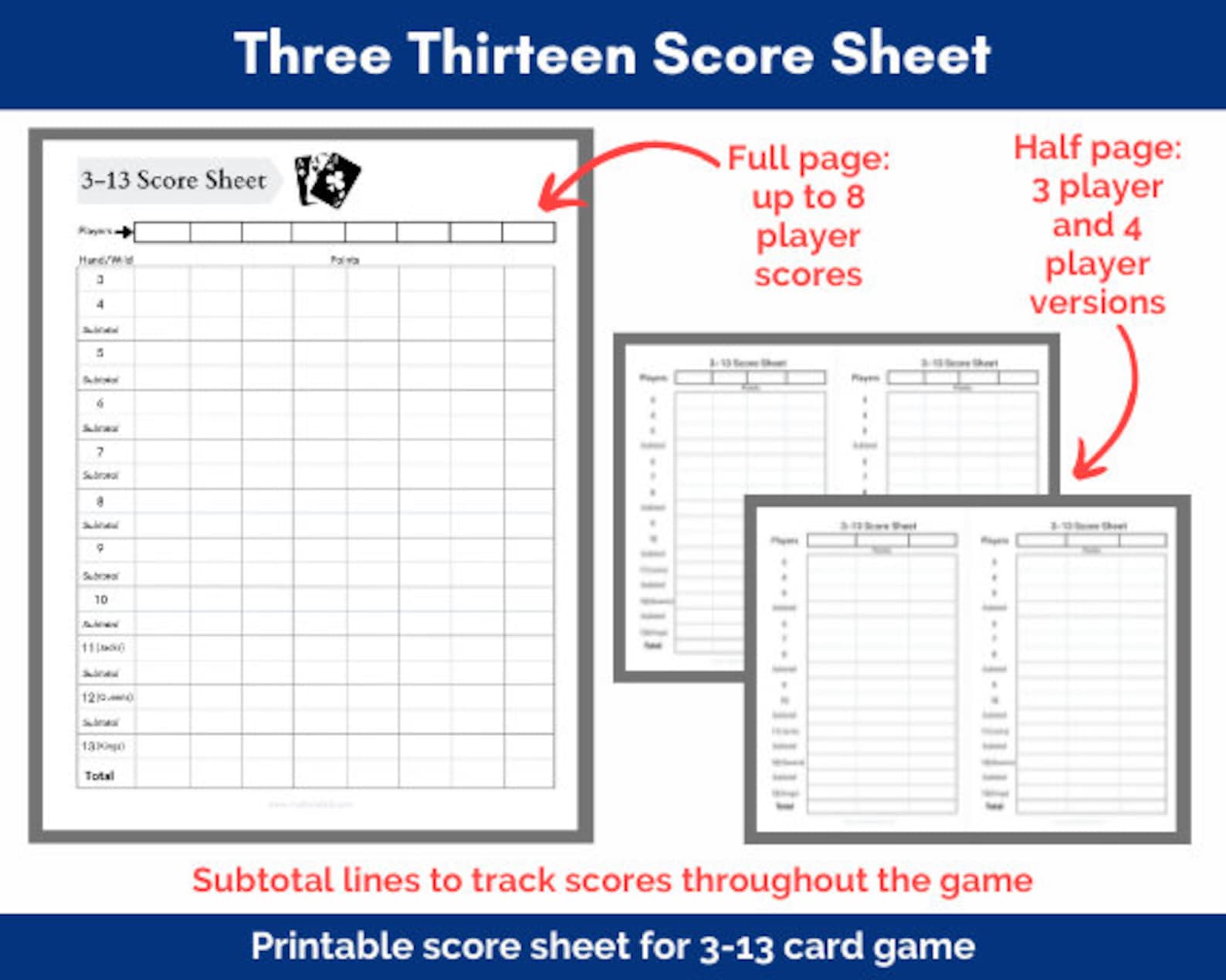 Printable Three Thirteen Score Sheets 313 Card Game Score Etsy Canada