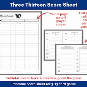 Hojas de puntuación imprimibles para el juego Three Thirteen, tarjetas de puntuación para el juego de cartas 3-13