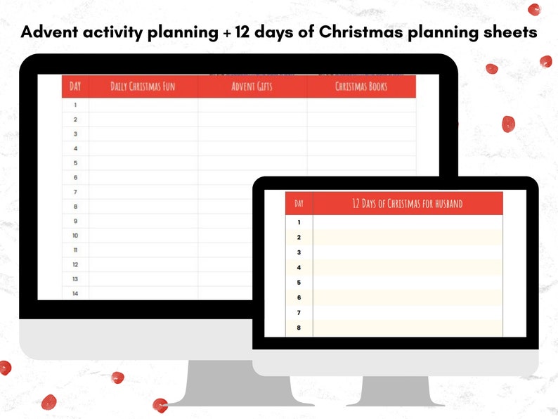Google Sheets Christmas planner to organize gift lists, advent activities, menus, baking, reading list.