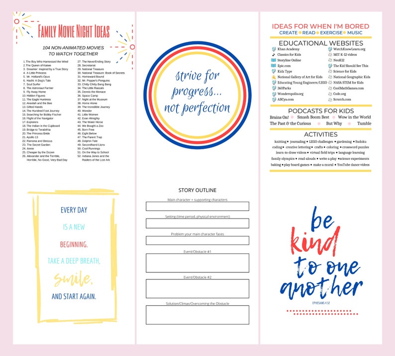 May include: A printable worksheet with a story outline, tips for writing a story, and inspirational quotes. The quotes include "Strive for progress, not perfection" and "Every day is a new beginning. Take a deep breath, smile, and start again."