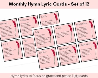 Monthly Hymn Lyrics Cards - Grace & Peace - 3x3 cards - digital download