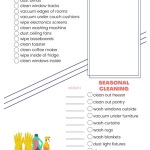 Printable monthly and seasonal cleaning checklist, coral and navy.