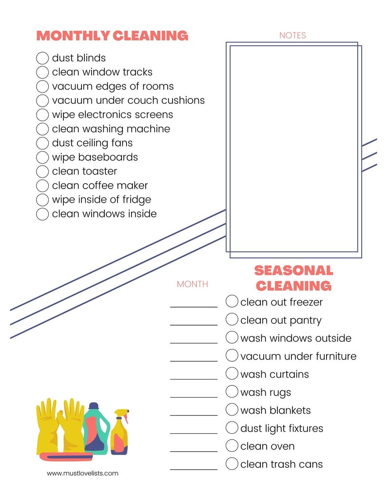 Printable monthly and seasonal cleaning checklist, coral and navy.