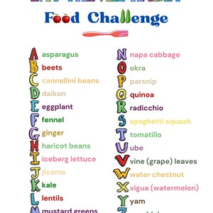 A-Z healthy food list. Eat the Alphabet A-Z food challenge.