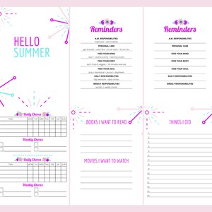 May include: A printable planner with a pink background and colorful fireworks design. The planner includes sections for daily and weekly chores, books to read, movies to watch, and things to do. The text "Hello Summer" is at the top of the page.