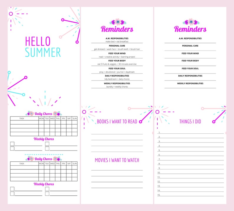 May include: A printable planner with a pink background and colorful fireworks design. The planner includes sections for daily and weekly chores, books to read, movies to watch, and things to do. The text "Hello Summer" is at the top of the page.