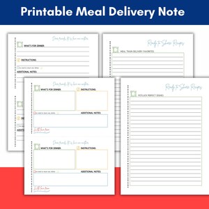 May include: A collection of printable meal delivery note templates. The notes include sections for dinner details, instructions, and additional notes. The design features a blue header with the text "Printable Meal Delivery Note". There are also recipe sharing pages.
