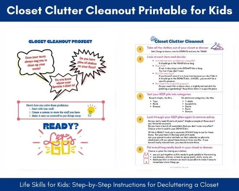 Closet Clutter Cleanout Printable for Kids, Life Skills for Kids, Kids Closet Cleaning List image 1