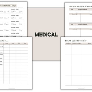 May include: A printable medical log book with sections for medication schedule, medical procedures, and health episode tracker. The pages are designed with a light brown background and black text.