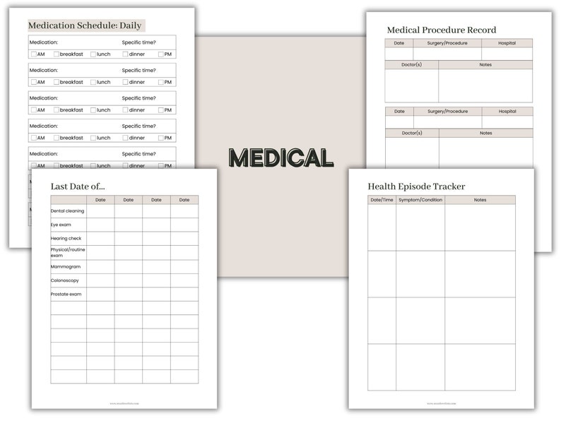 May include: A printable medical log book with sections for medication schedule, medical procedures, and health episode tracker. The pages are designed with a light brown background and black text.