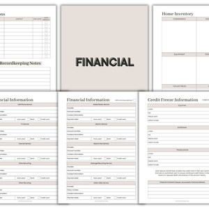 May include: A printable financial planner with sections for subscriptions, home inventory, credit freeze information, and financial information. The planner has a beige background with black text.