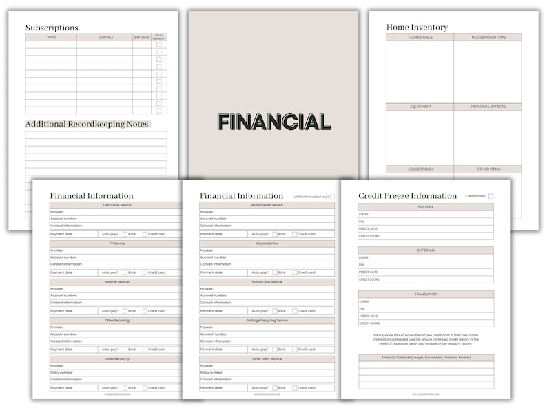 May include: A printable financial planner with sections for subscriptions, home inventory, credit freeze information, and financial information. The planner has a beige background with black text.