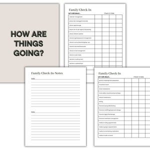 May include: A printable checklist for family check-ins with the text "How are things going?" at the top. The checklist includes sections for household chores, home safety, vehicle maintenance, finances, and medical appointments.