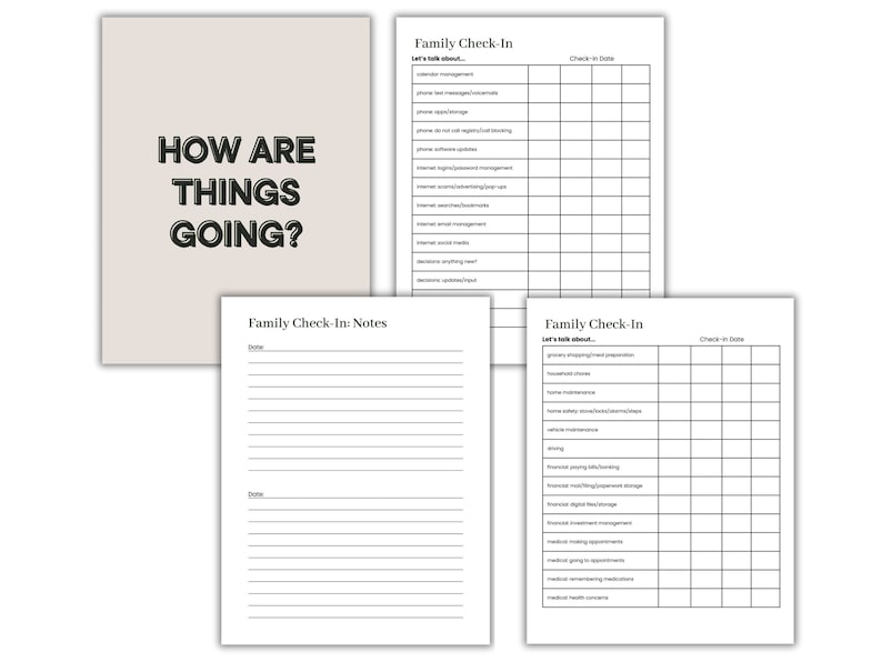 May include: A printable checklist for family check-ins with the text "How are things going?" at the top. The checklist includes sections for household chores, home safety, vehicle maintenance, finances, and medical appointments.