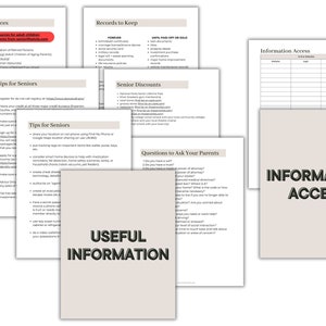 May include: A collection of printable worksheets with tips and information for seniors, including resources, records to keep, senior discounts, and questions to ask parents. The worksheets are beige with black text and are titled "Senior Resources", "Records to Keep", "Tips for Seniors", "Senior Discounts", "Questions to Ask Your Parents", and "Information Access".