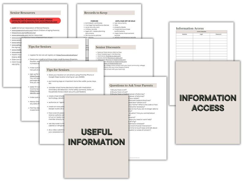 May include: A collection of printable worksheets with tips and information for seniors, including resources, records to keep, senior discounts, and questions to ask parents. The worksheets are beige with black text and are titled "Senior Resources", "Records to Keep", "Tips for Seniors", "Senior Discounts", "Questions to Ask Your Parents", and "Information Access".