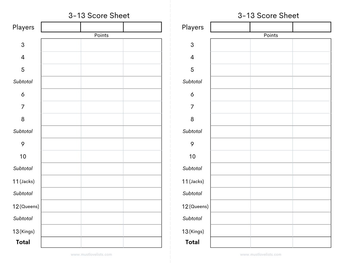 Printable Three Thirteen Score Sheets 3 13 Card Game Score Cards Etsy