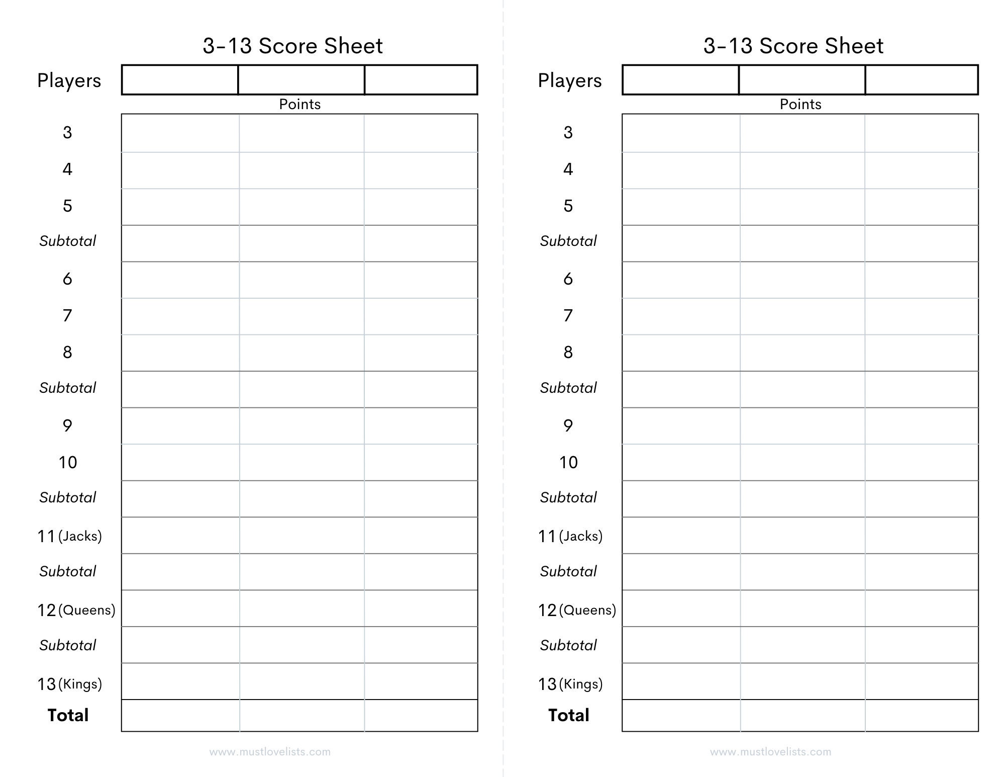 Five Round Score Sheet – Simple Score Sheets