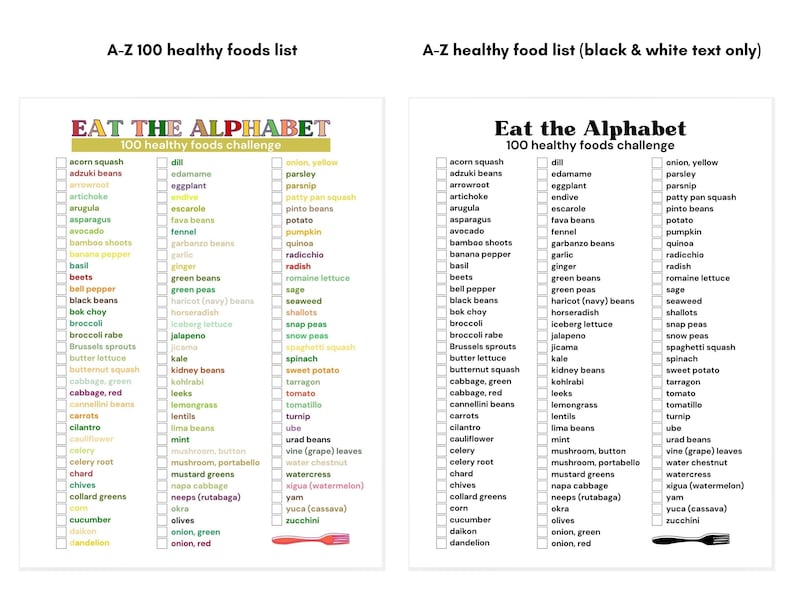 A-Z healthy food list. Eat the Alphabet A-Z food challenge.