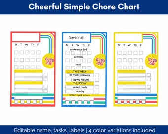 Editable Bright Cheerful Chore Chart, Simple Task Reminder Chart, Kids Chore Chart