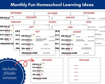 Monthly Fun Homeschool Learning, Bulletin Board Decor, Invention of the Month, Country of the Month, Famous Birthdays