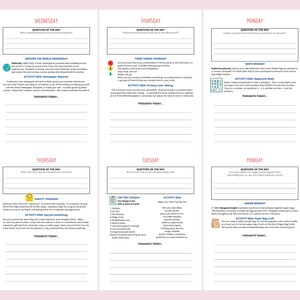 May include: A printable worksheet with daily prompts and activities for kids. The worksheet is divided into sections for each day of the week, with a question of the day, an activity idea, and space for thoughts. The worksheet is decorated with colorful borders and illustrations.