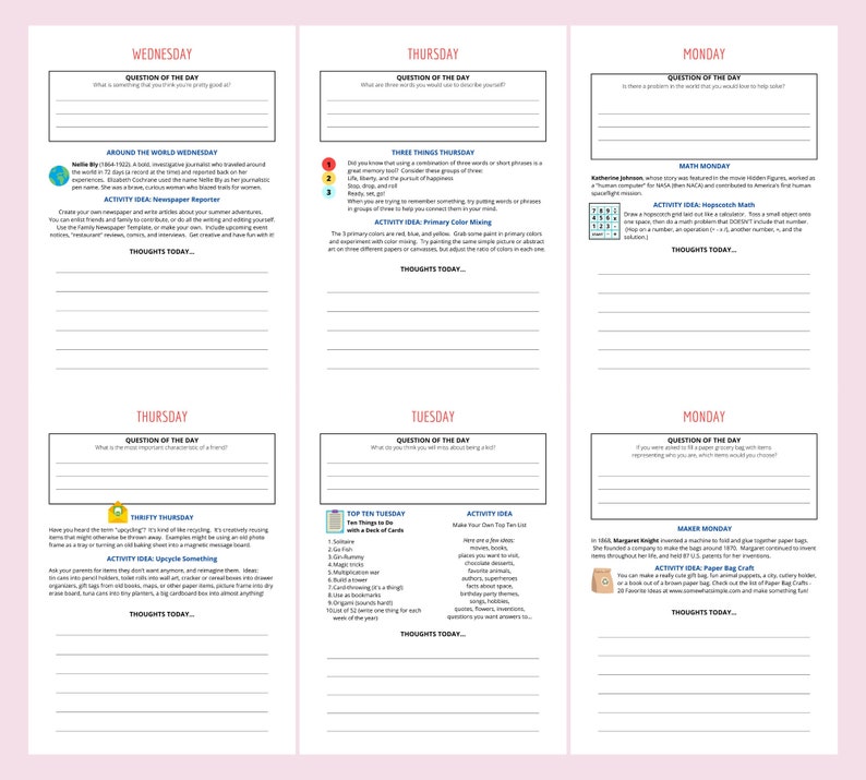 May include: A printable worksheet with daily prompts and activities for kids. The worksheet is divided into sections for each day of the week, with a question of the day, an activity idea, and space for thoughts. The worksheet is decorated with colorful borders and illustrations.