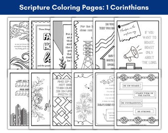 May include: Black and white coloring pages featuring verses from the book of 1 Corinthians. The pages include illustrations of a megaphone, a house, a power line, flowers, and a city skyline.