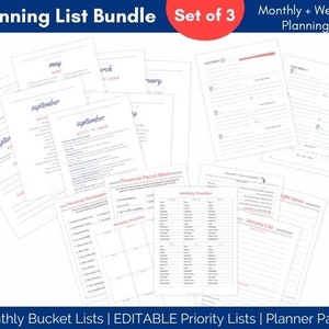 May include: A set of printable planning pages for monthly and weekly planning. The pages include monthly bucket lists, editable priority lists, and planner pages. The pages are designed to help you stay organized and on track with your goals.