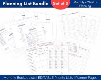 Planning List Bundle, EDITABLE Monthly Priority Planning, Monthly Bucket Lists, Weekly Planner