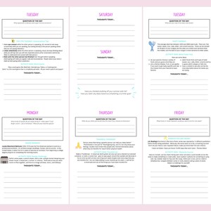 May include: A printable planner with a pink and white background. The planner has a daily schedule with space for writing down thoughts, questions of the day, and activities. The planner is designed to help people stay organized and motivated.